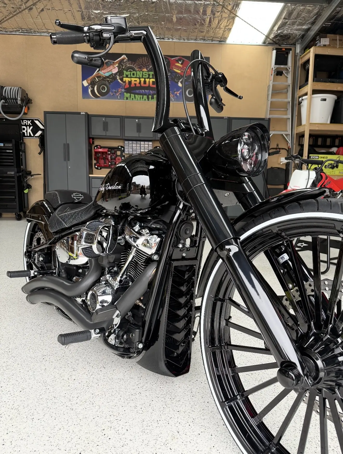 Detailed front view of a black custom Harley-Davidson
